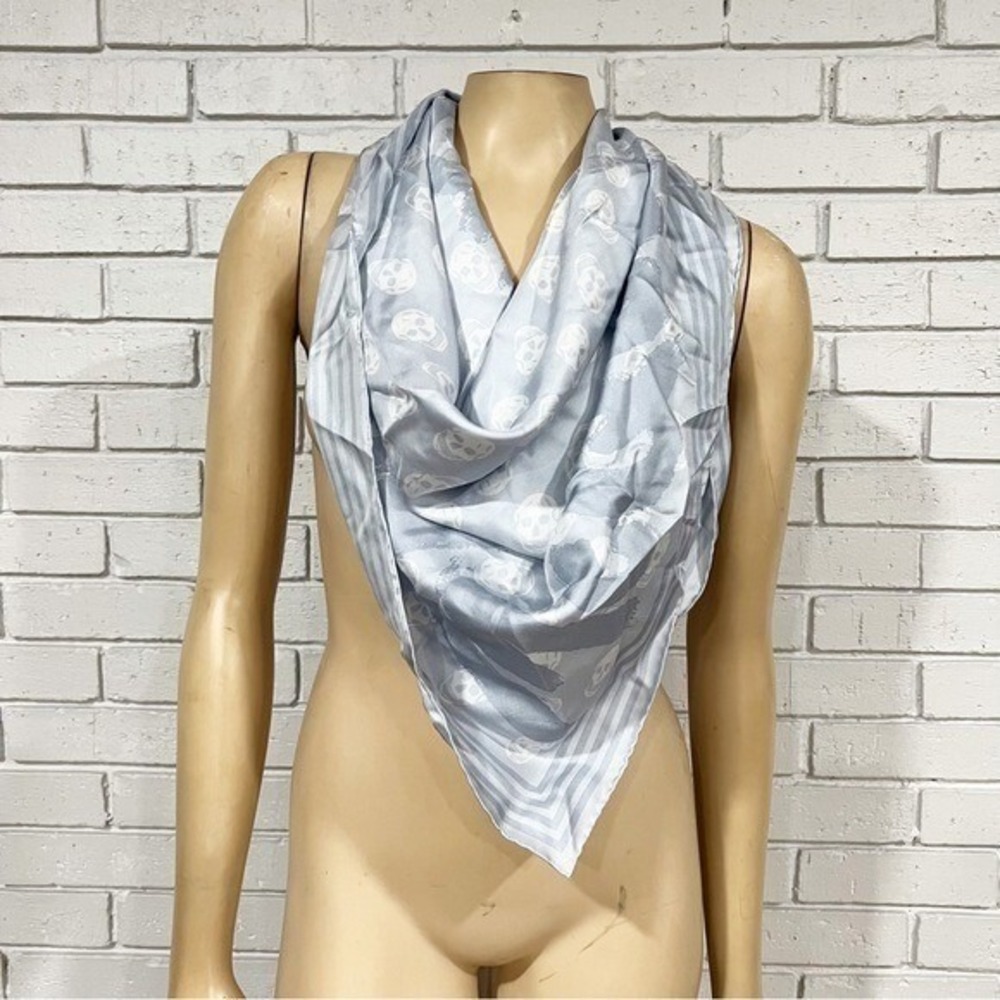 Alexander McQueen Light Blue Silk Skull Print Square Scarf Logo Border